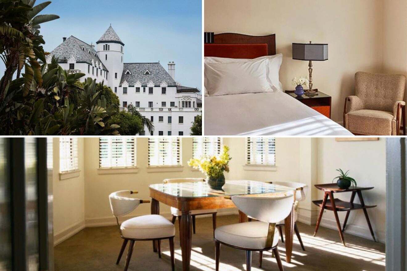 Collage of three hotel pictures: hotel exterior, bedroom, and dining room