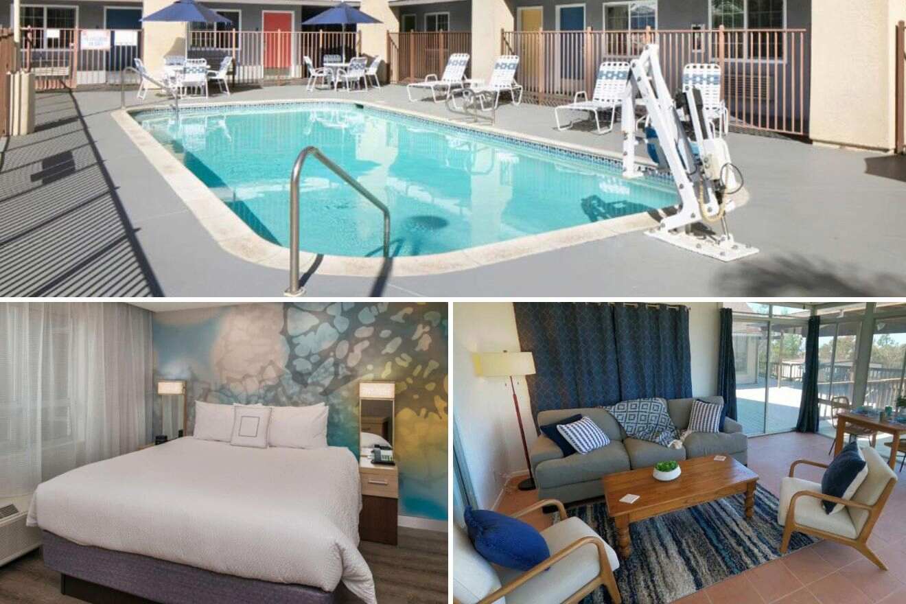 Collage of three hotel pictures: outdoor pool, bedroom, and living room 