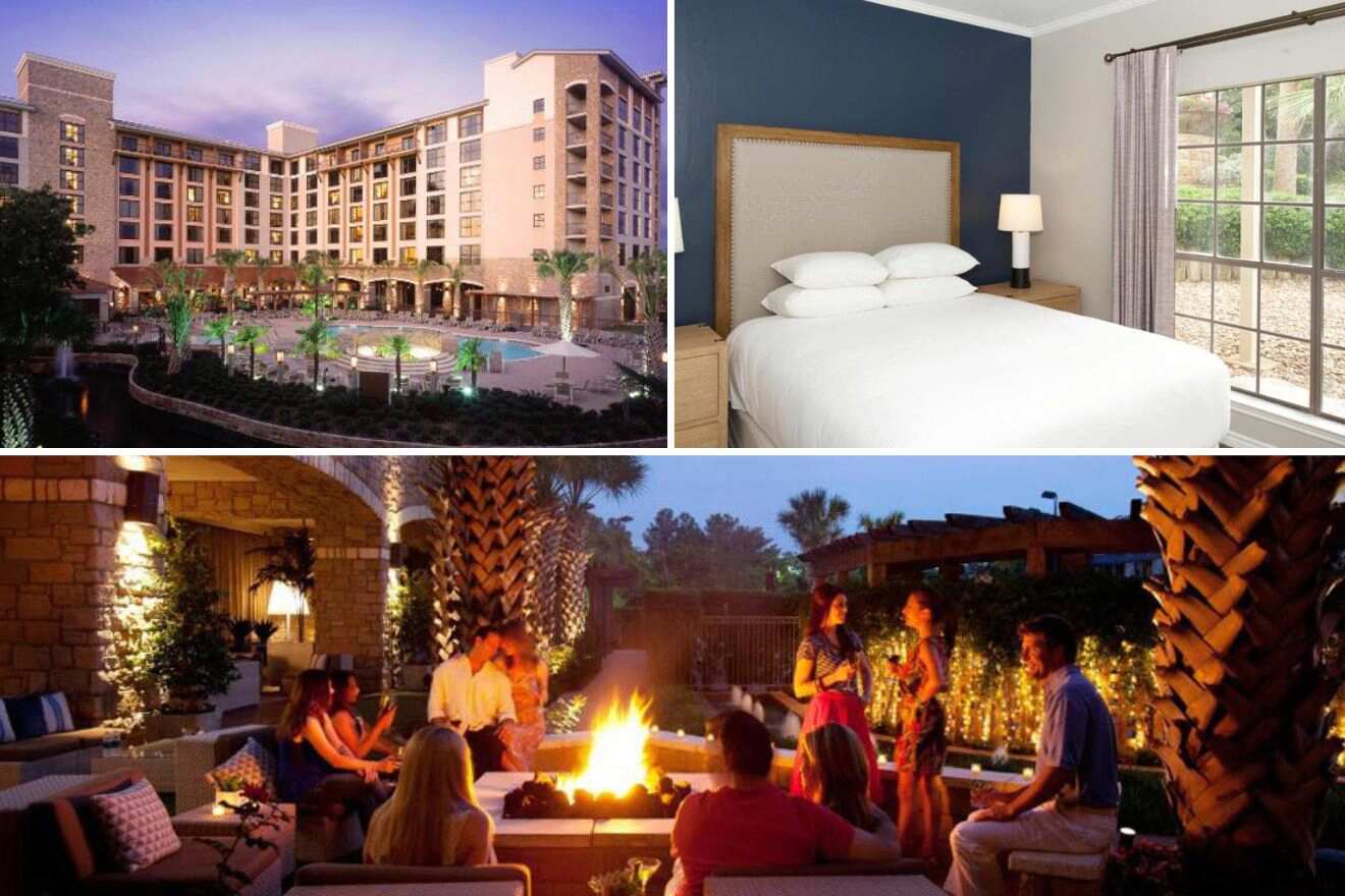 collage with hotel's building, bedroom and outdoor lounge with people around a fire pit