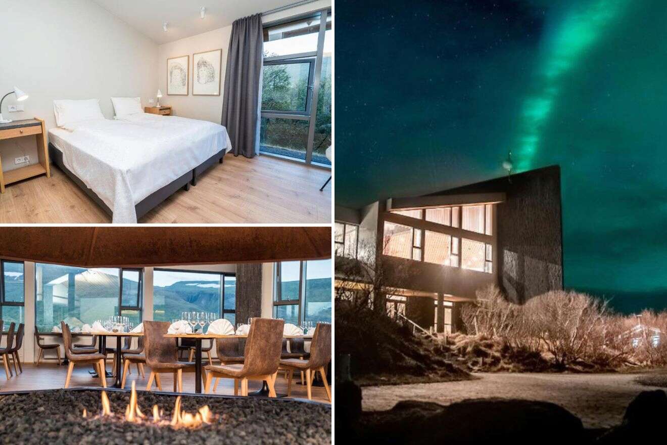 collage with bedroom, hotel view at night with northern lights, and restaurant with fireplace