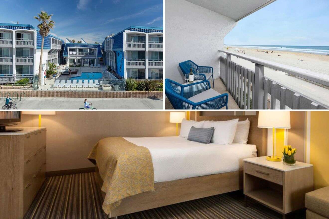 Collage of three hotel pictures: view of hotel exterior, balcony with beach view, and bedroom