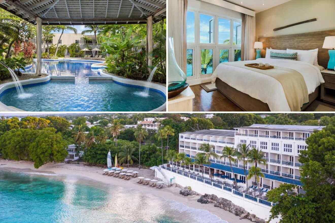 Collage of three hotel pictures: outdoor pool, bedroom, and hotel exterior at the beach