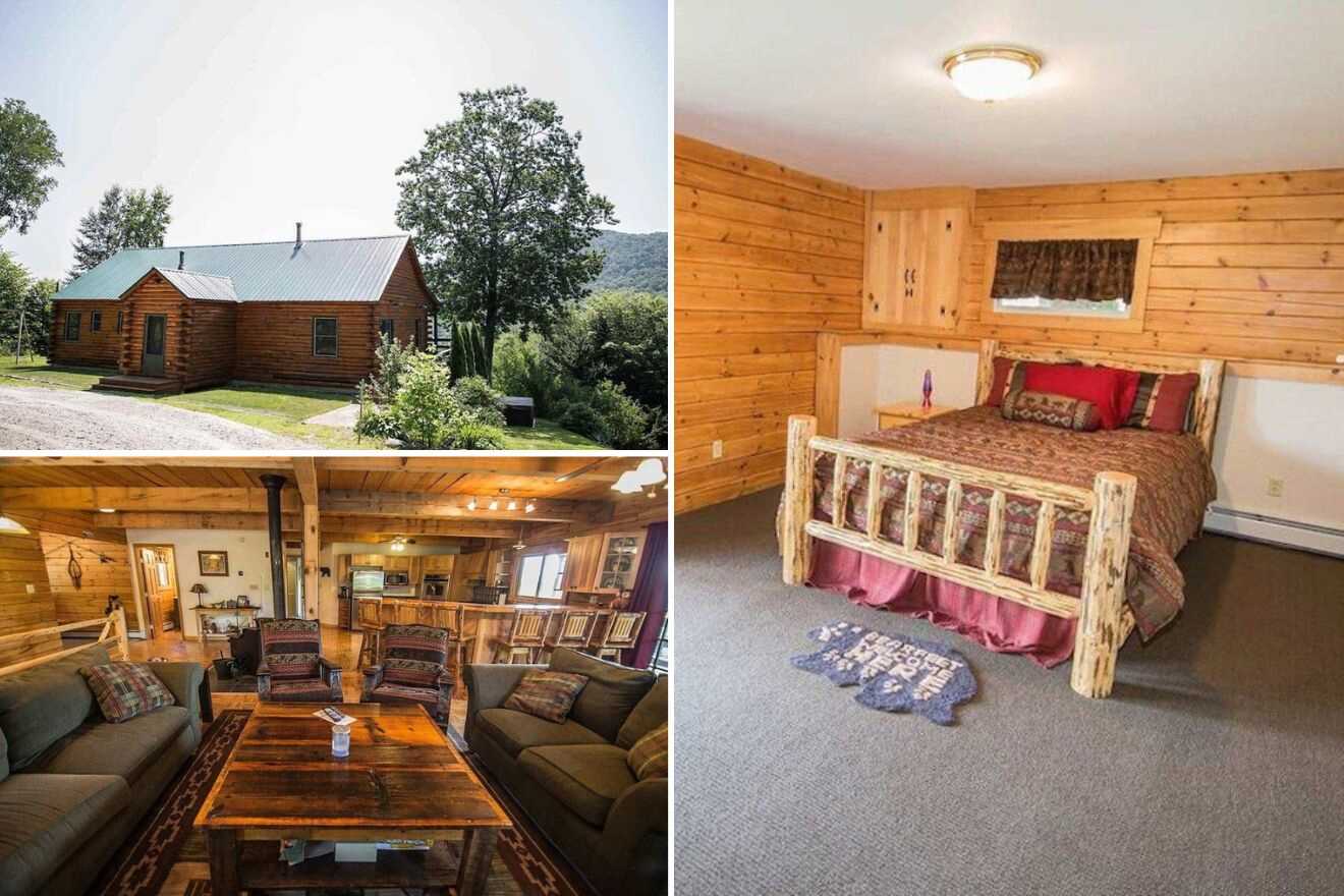 A collage of three cabin photos: cabin exterior, bedroom, and living room