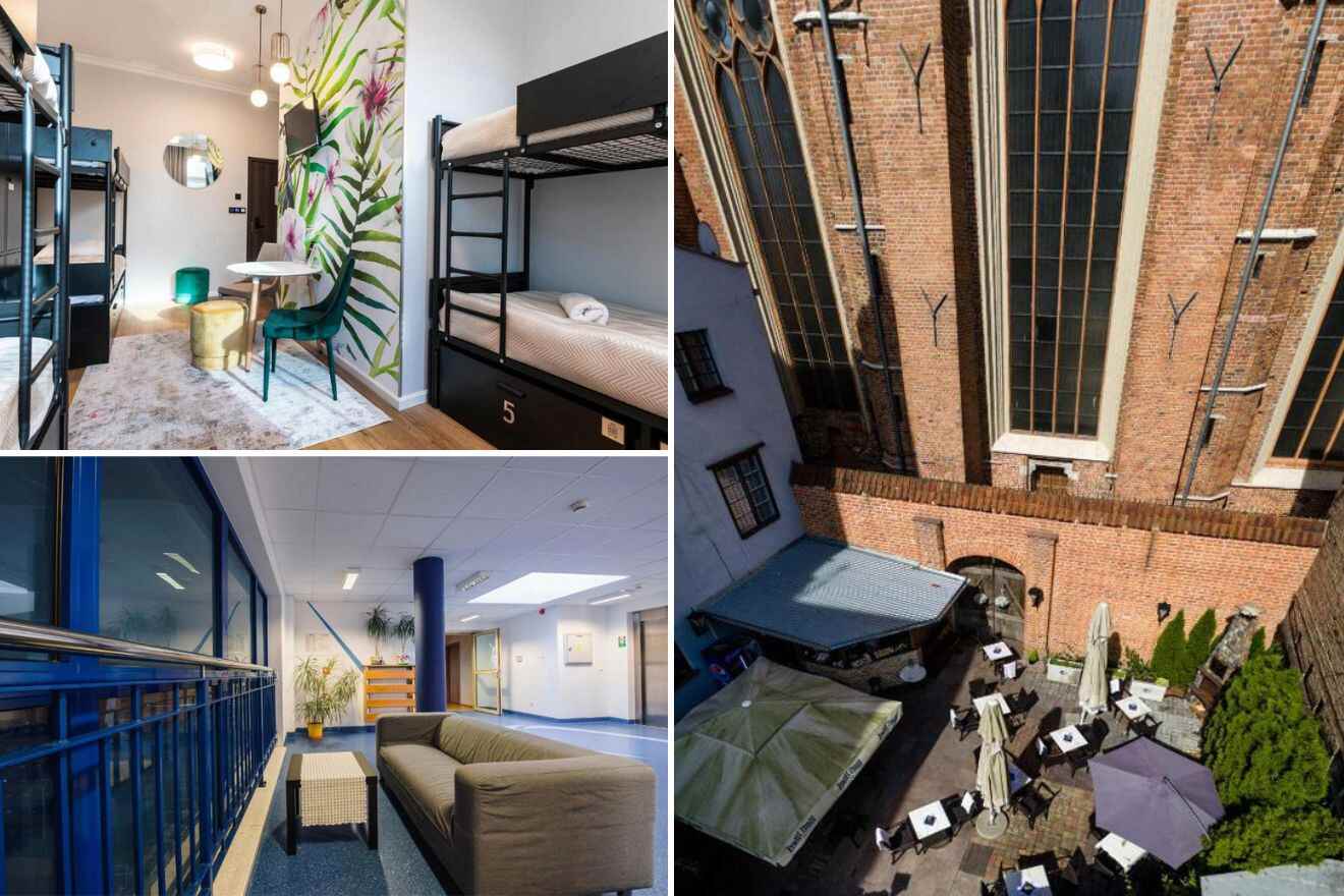 collage with bedroom with bunkbeds, view over the hotel and lounge