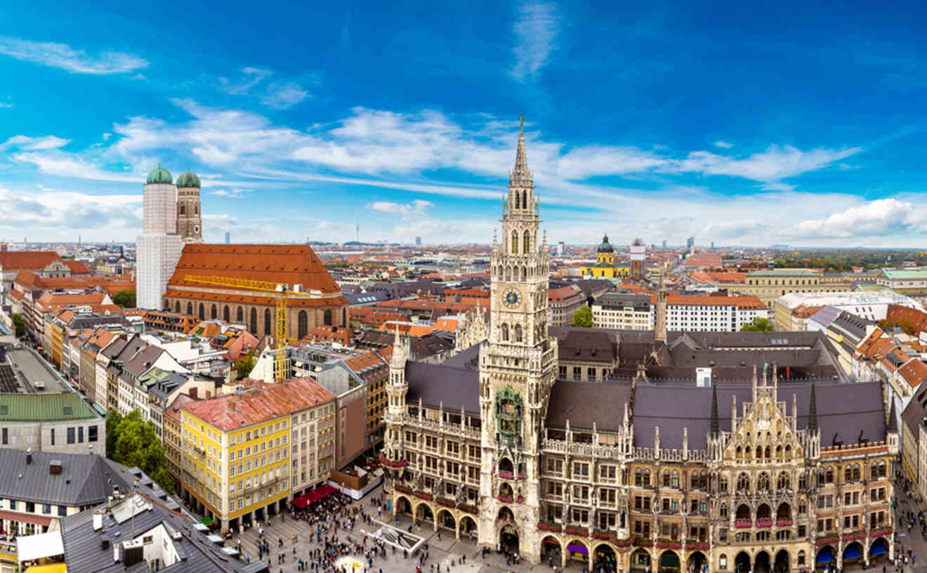 an aerial view of Munich with a clock tower