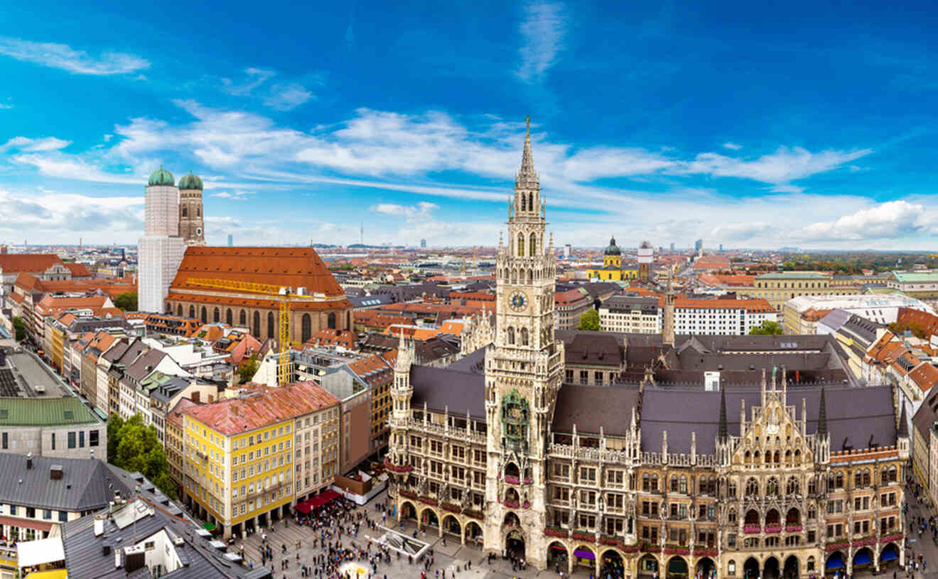 an aerial view of a city with a clock tower