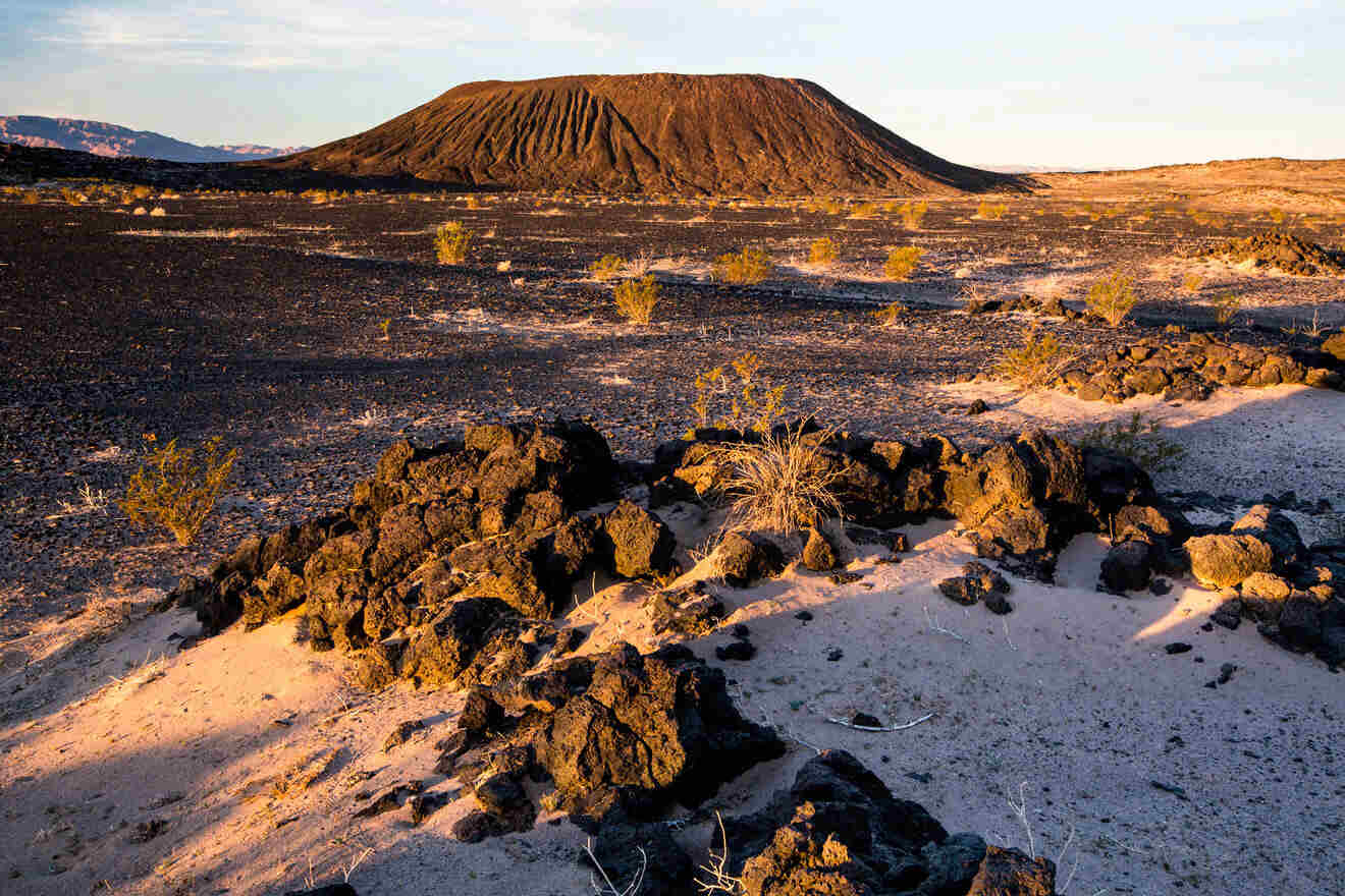 a desert landscape with a mountain in the background