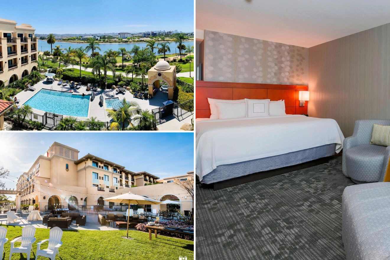 Collage of three hotel pictures: aerial view of outdoor pool, hotel exterior, and bedroom