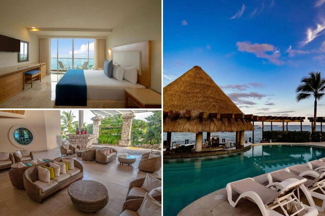 collage with swimming pool by the ocean, bedroom and lounge