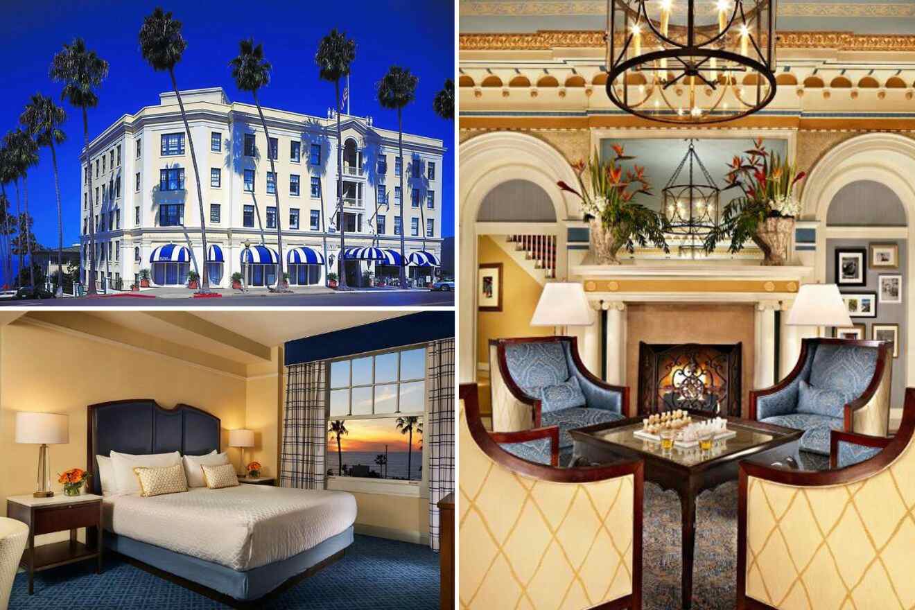 Collage of three hotel pictures: hotel exterior, bedroom, and seating area with fireplace