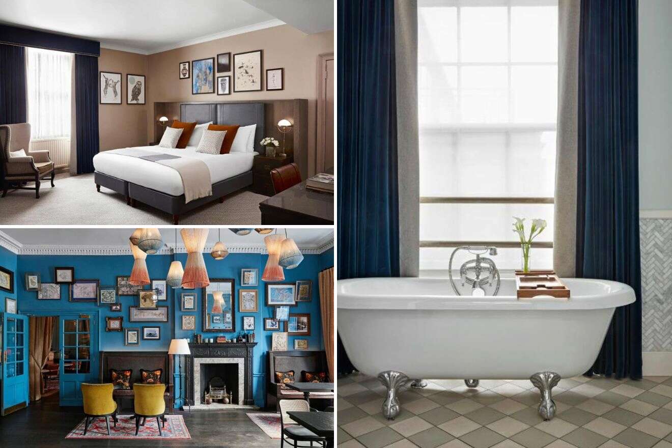 Collage of three hotel pictures: bedroom, lounge area, and tub
