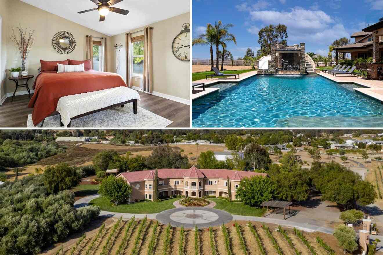 Collage of three hotel pictures: bedroom, outdoor pool, and aerial view of villa