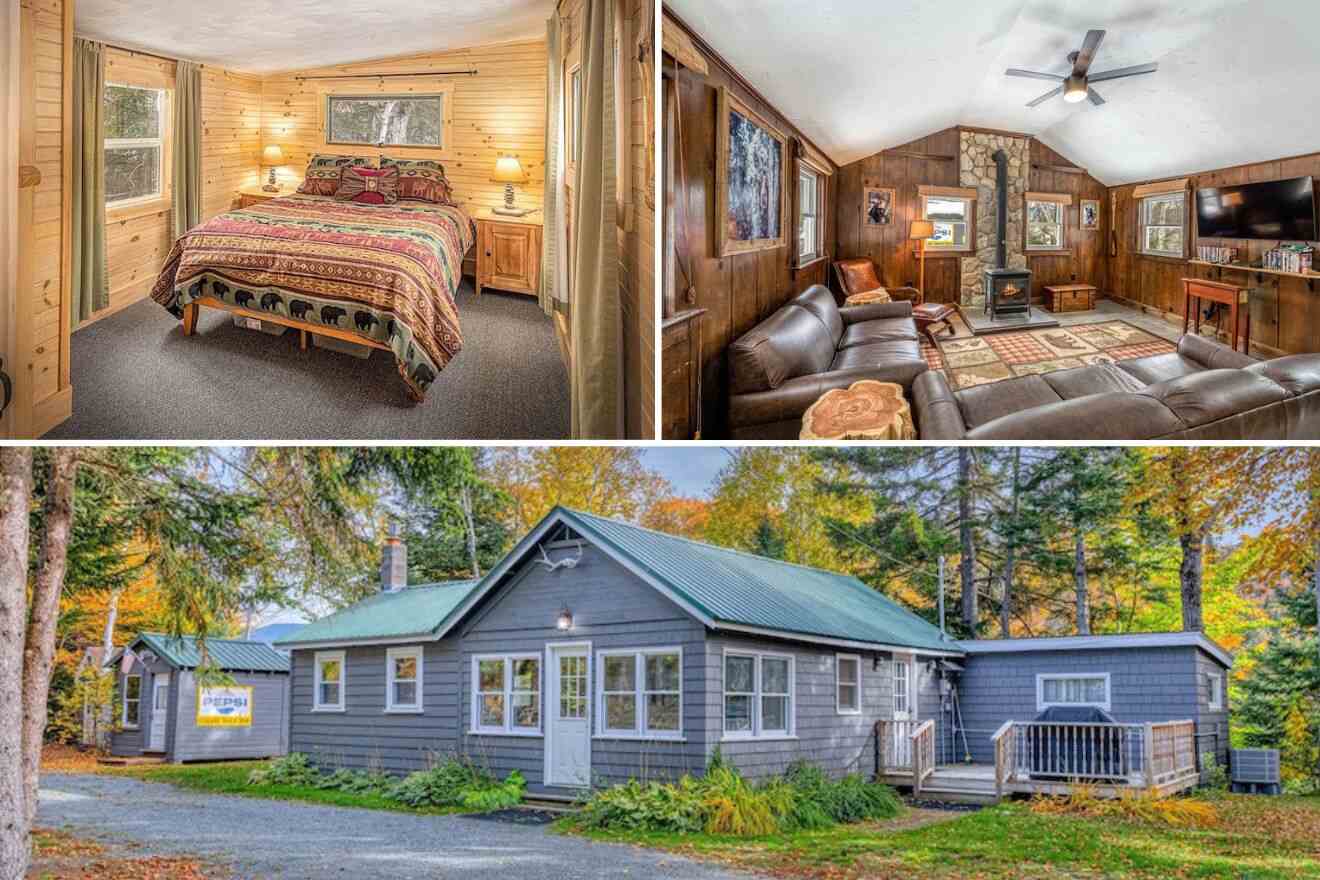 A collage of three cabin photos: bedroom, living room, and cabin exterior