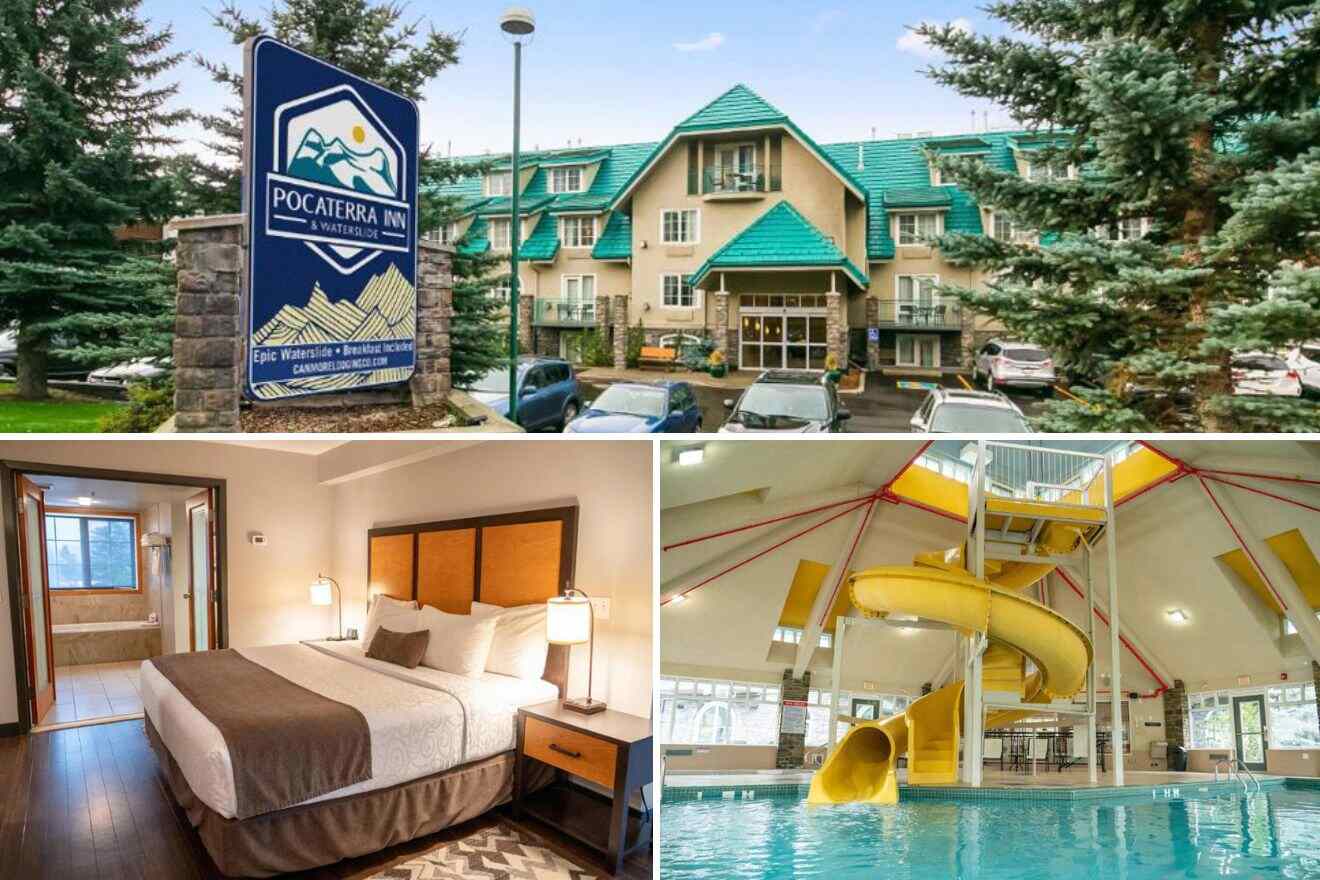 Collage of three hotel pictures: view of hotel exterior, bedroom, and indoor pool with waterslide