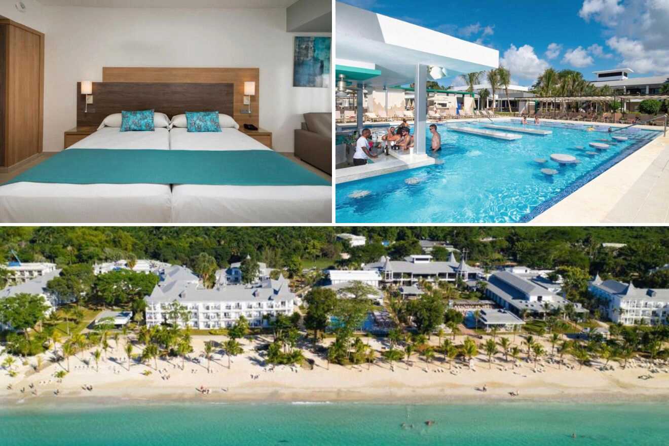 Collage of three hotel pictures: bedroom, outdoor pool, and aerial view of the hotel