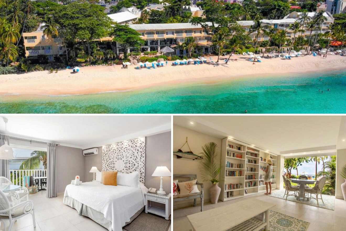 Collage of three hotel pictures: view of hotel at beach, bedroom, and library
