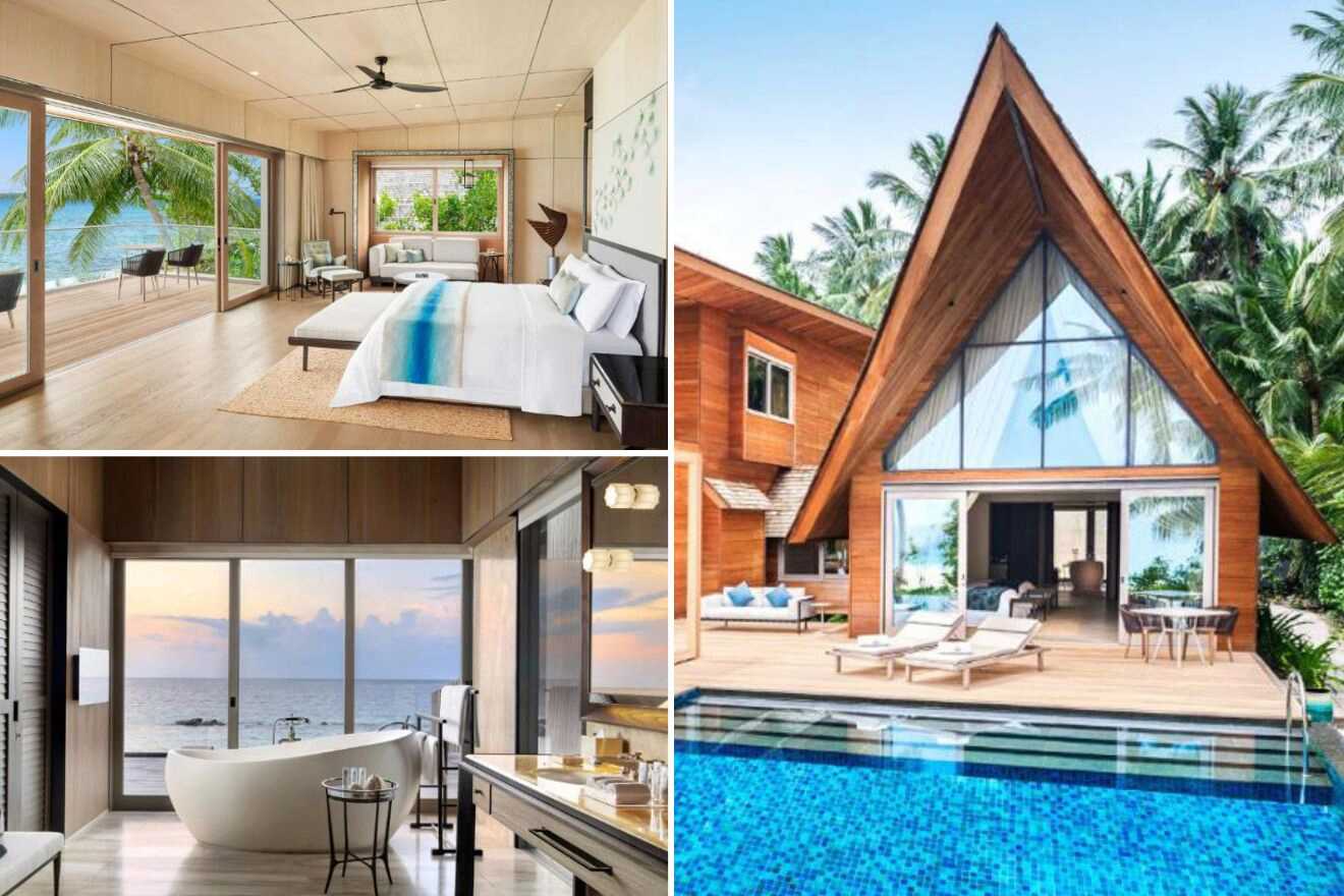 collage with resort view, bedroom and bathtub with a view