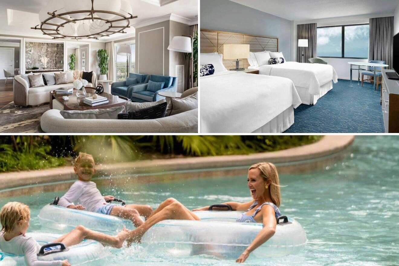 collage with bedroom, family in a lazy river and lounge