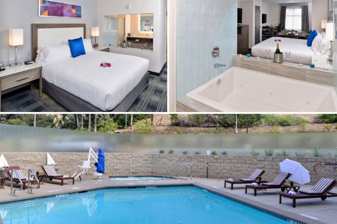 collage with bedroom, jacuzzi in room and swimming pool