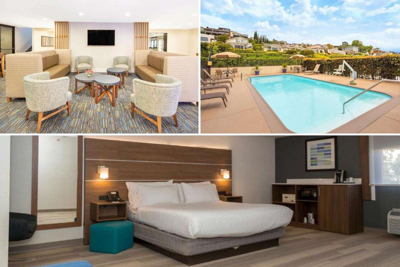 Collage of three hotel pictures: living room, outdoor pool, and bedroom