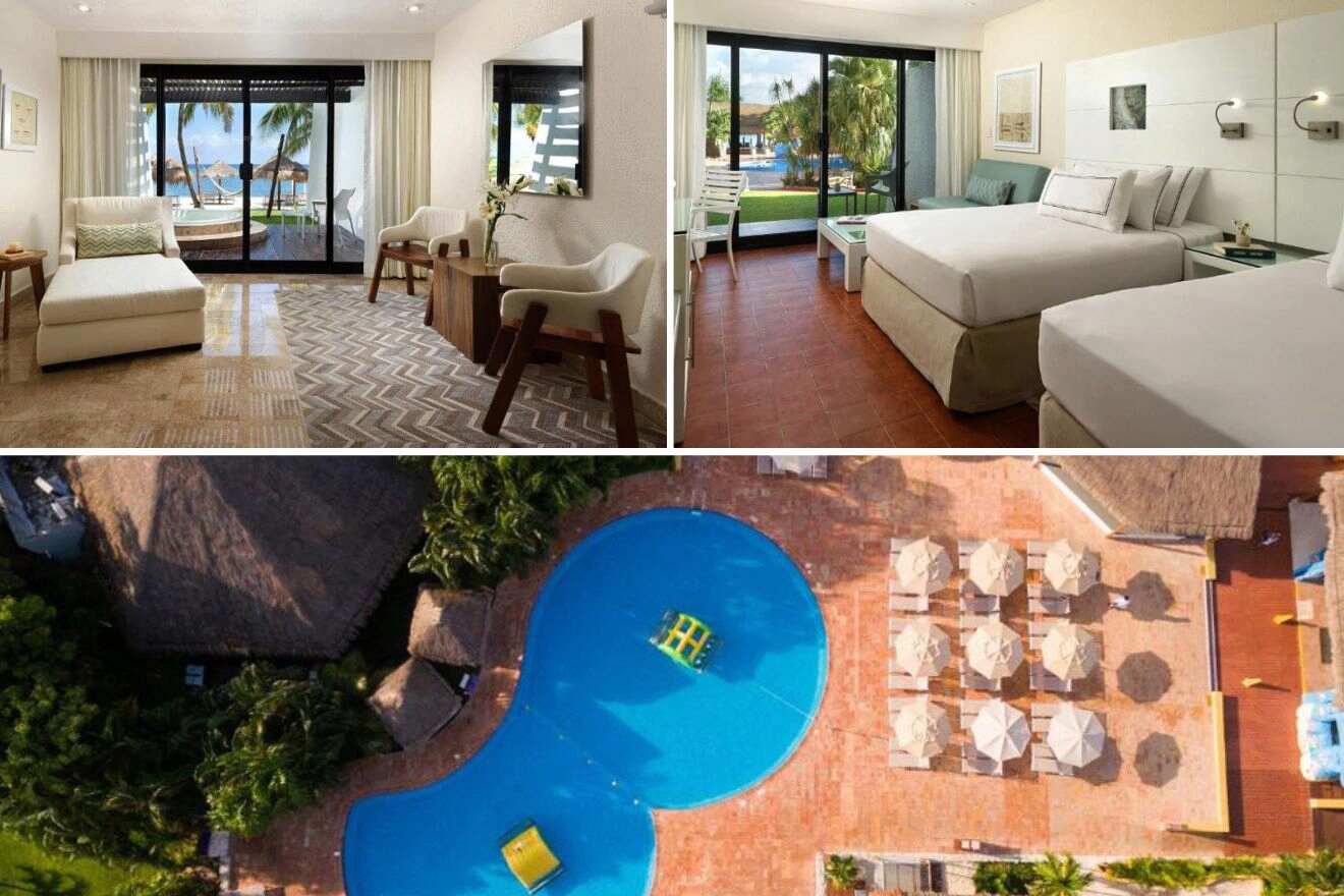 collage with swimming pool viewed from the top, bedroom and lounge