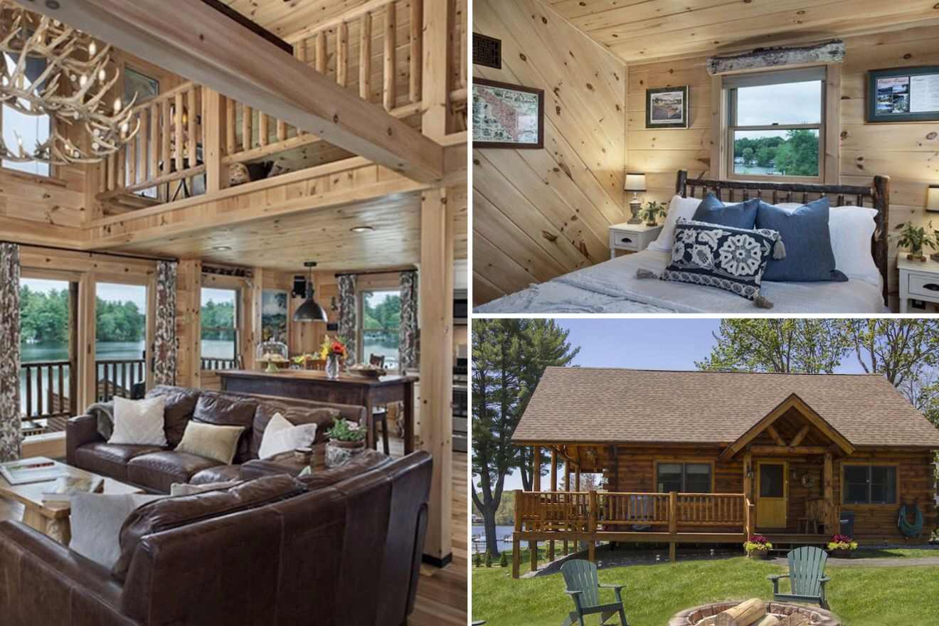 A collage of three cabin photos: living room, bedroom, and cabin exterior