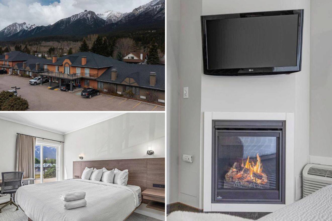 Collage of three hotel pictures: view of hotel exterior, bedroom, and TV and fireplace in room