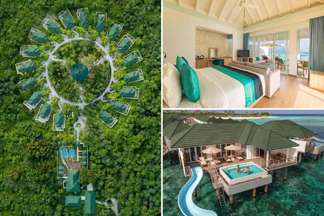 collage with aerial resort view, bedroom and swimming pool view