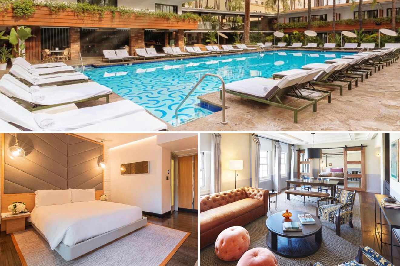 Collage of three hotel pictures: outdoor pool, bedroom, and living room