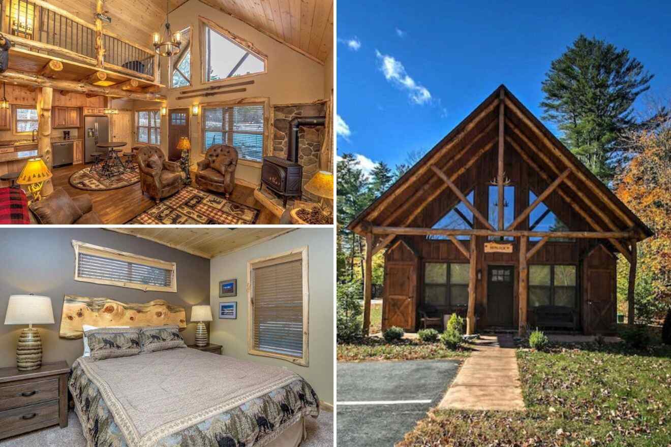 A collage of three cabin photos: living room, bedroom, and cabin exterior