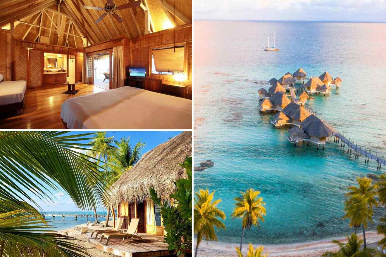 collage with aerial view over the resort, overwater bungalows and bedroom