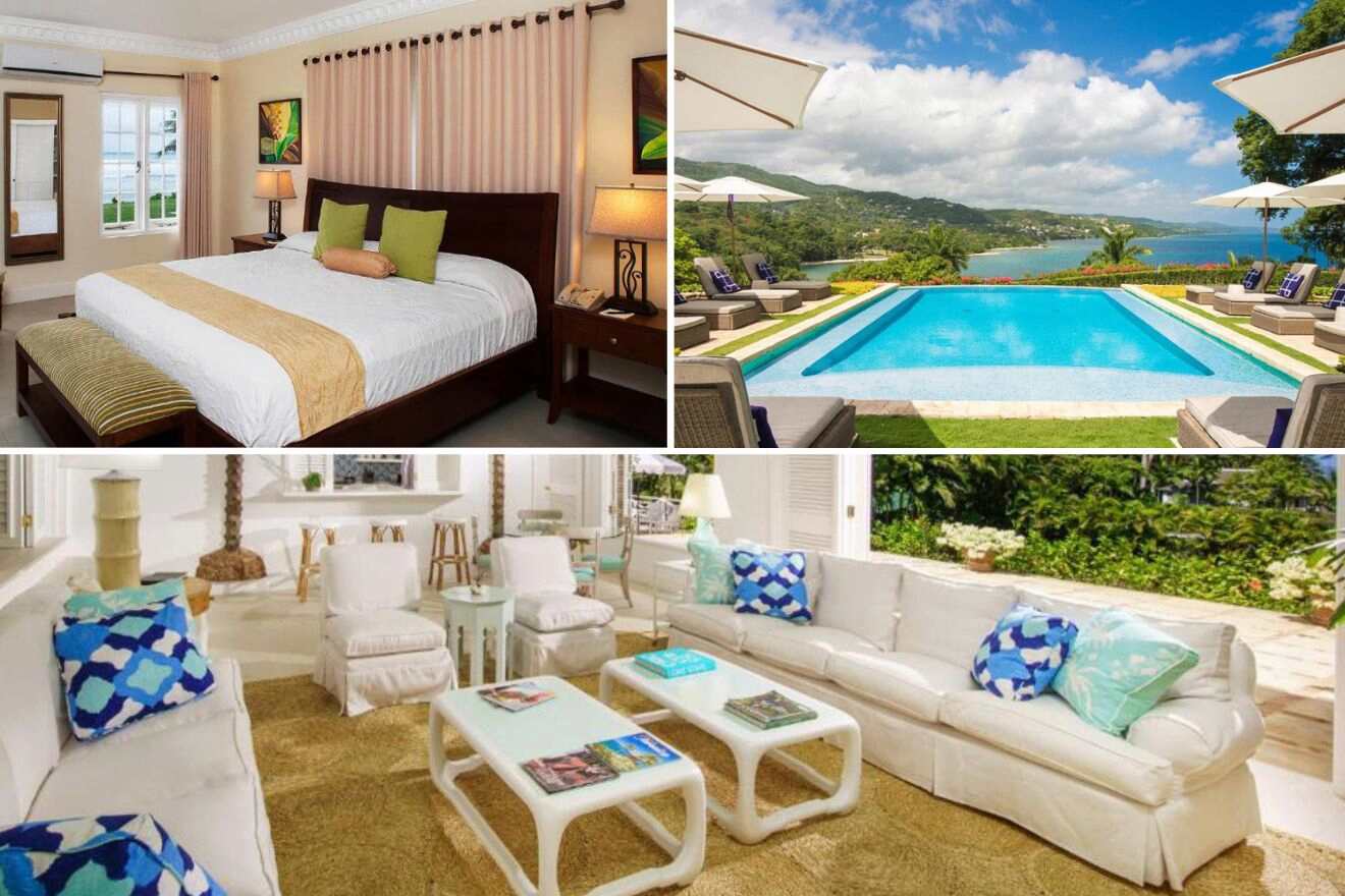 Collage of three hotel pictures: bedroom, seating area, and outdoor pool with a view