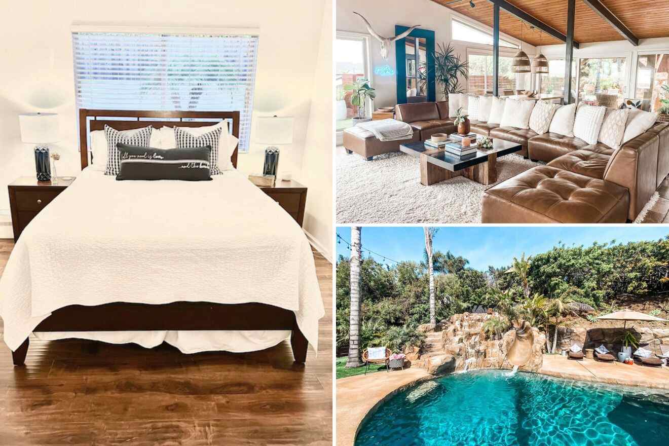 Collage of three hotel pictures: bedroom, living room, and outdoor pool with slide