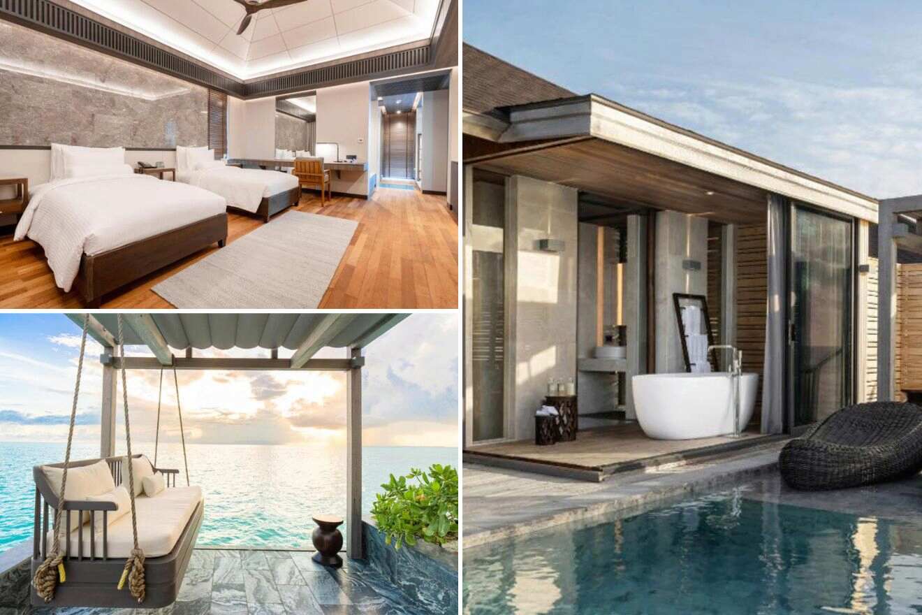 collage with bedroom, outdoor bathtub and outdoor lounge with a view