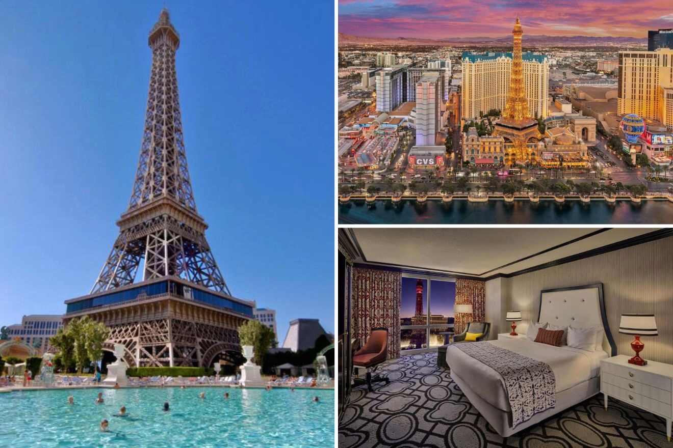 collage with hotel building, vegas eiffel tower, and bedroom