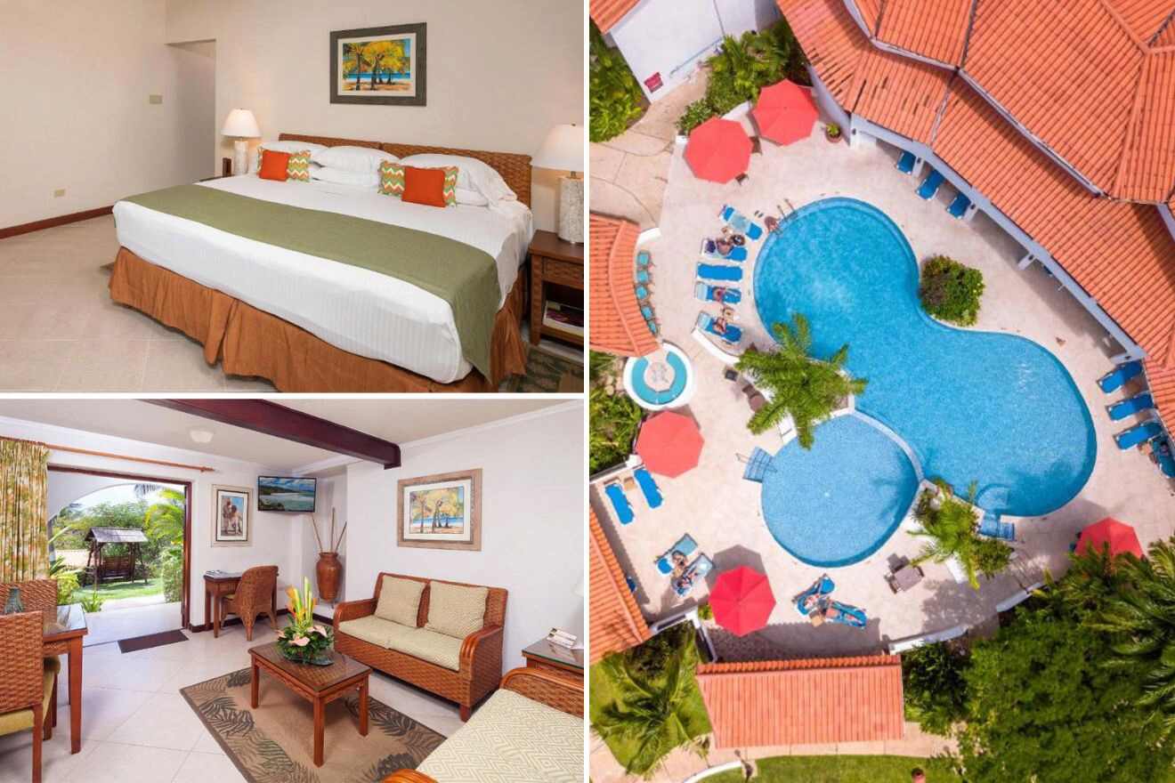 Collage of three hotel pictures: bedroom, living room, and aerial view of outdoor pool