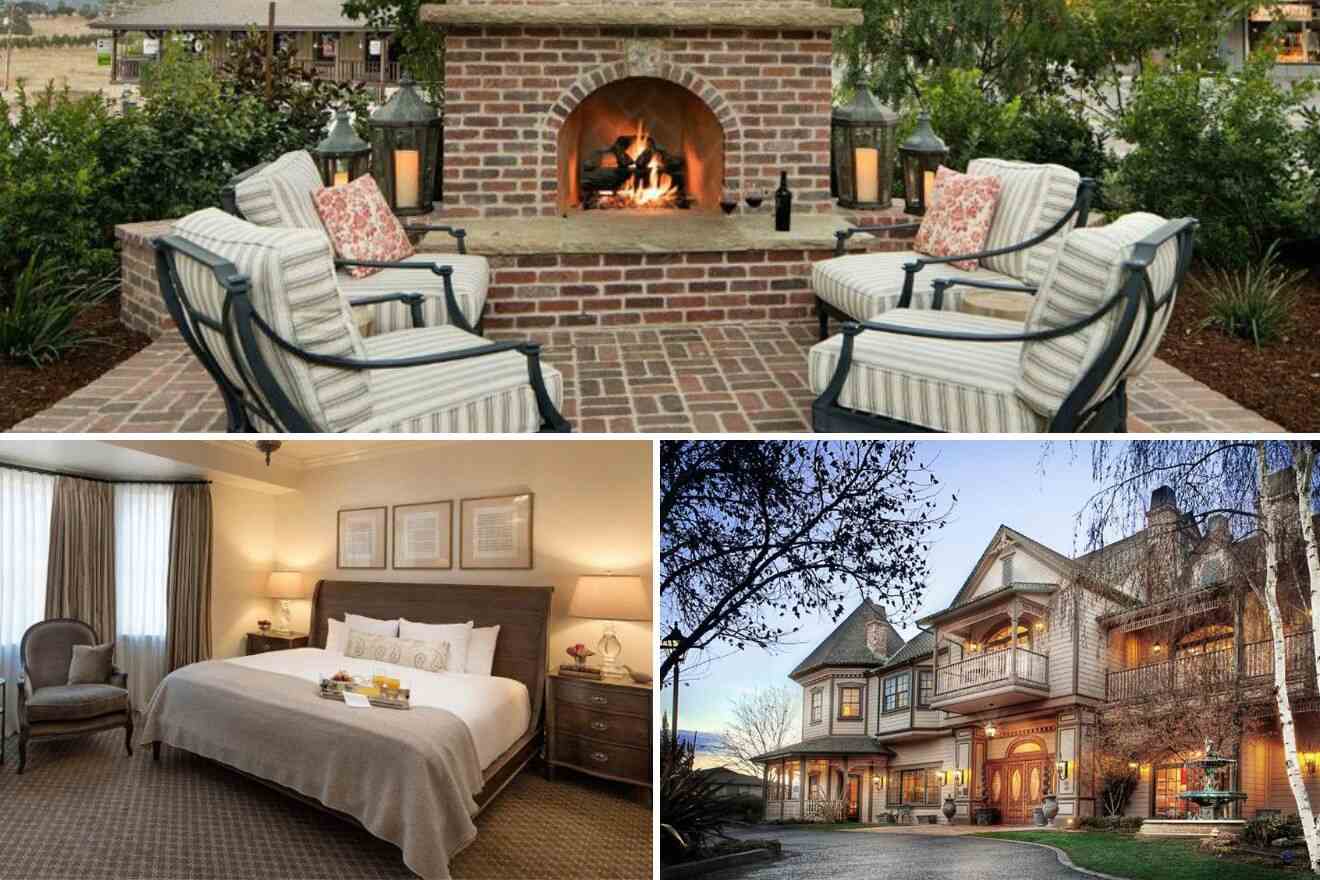 Collage of three hotel pictures: outdoor lounge area with fireplace, bedroom, and view of hotel exterior