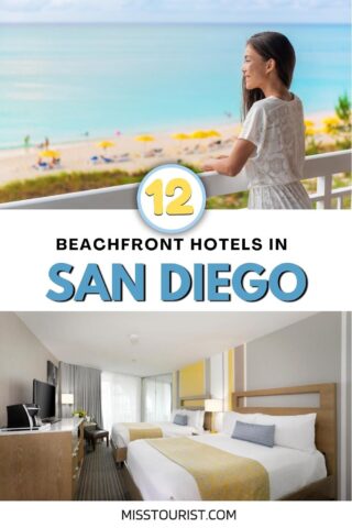 collage with a hotel's bedroom and a woman enjoying the view over the beach