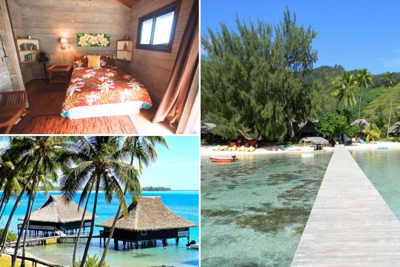 collage with wooden footpath in the ocean, overwater bungalows and bedroom