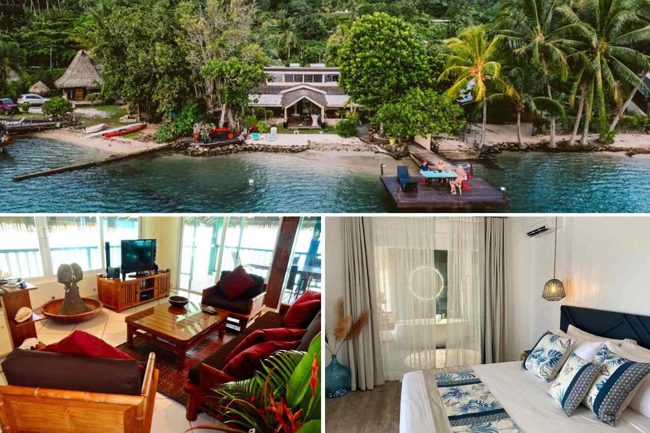 collage with aerial view over the resort, lounge and bedroom