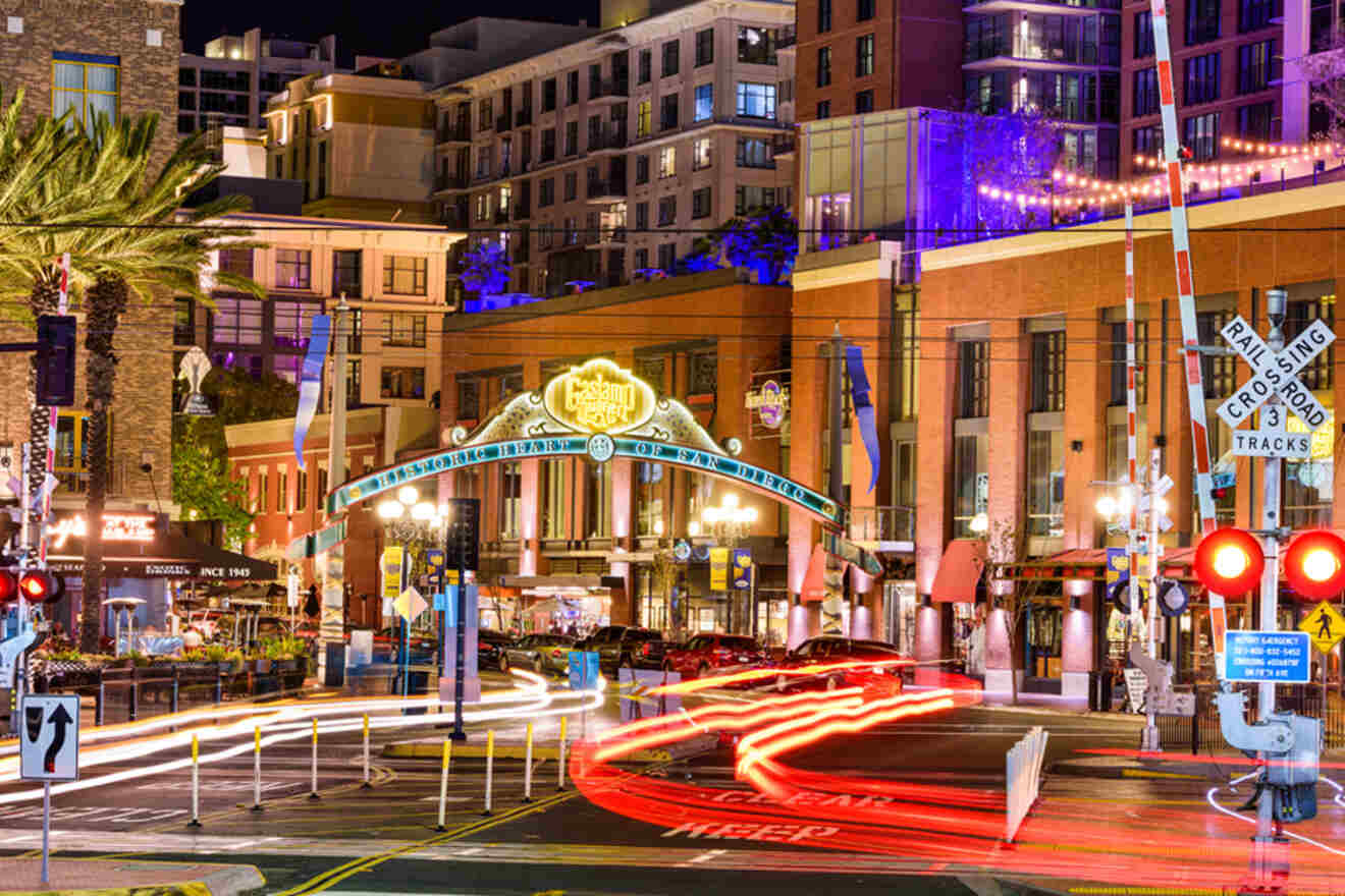 street view at night in Gaslamp San Diego 