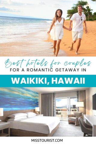 collage with couple running on the beach and hotel bedroom