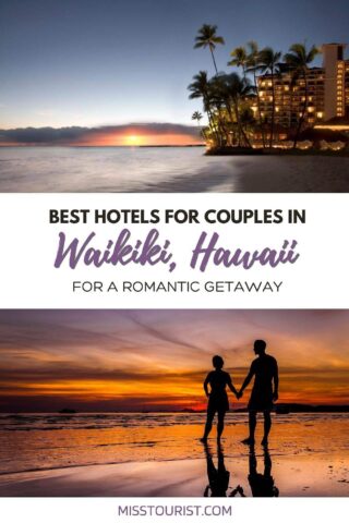 collage with couple holding hands on the beach at sunset and landscape of a hotel next to the ocean