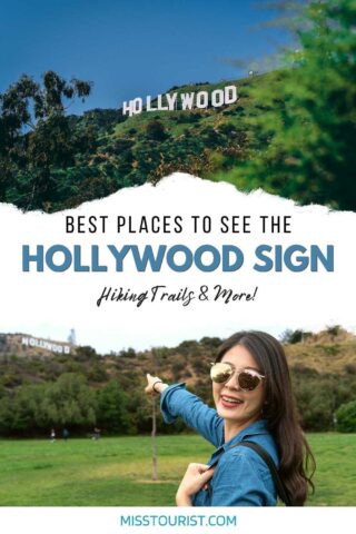 collage with a woman pointing at the Hollywood sign and a closeup