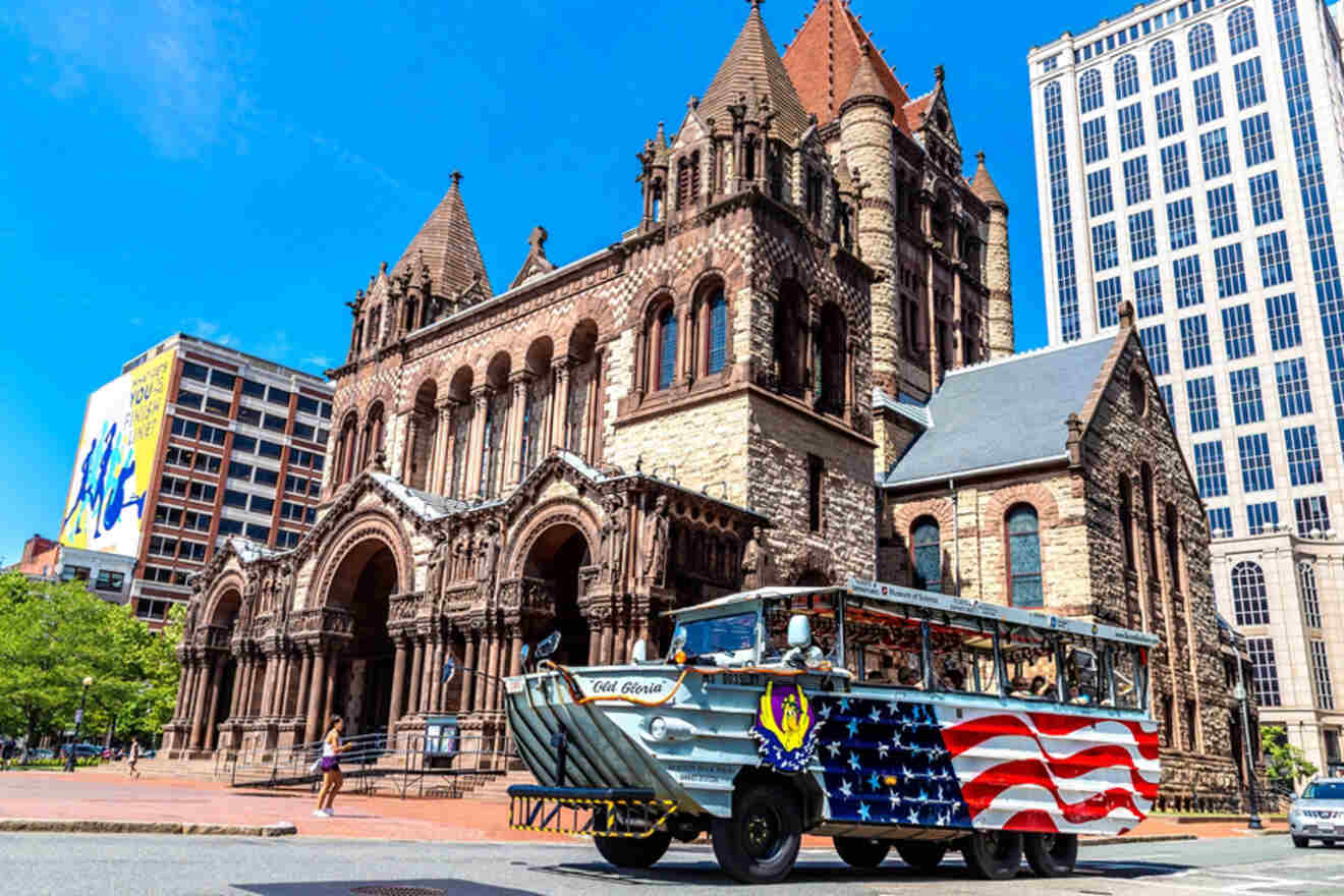 Boston Duck Tours bus next to Trinity Church at Copley Square in Boston, Massachusetts, USA