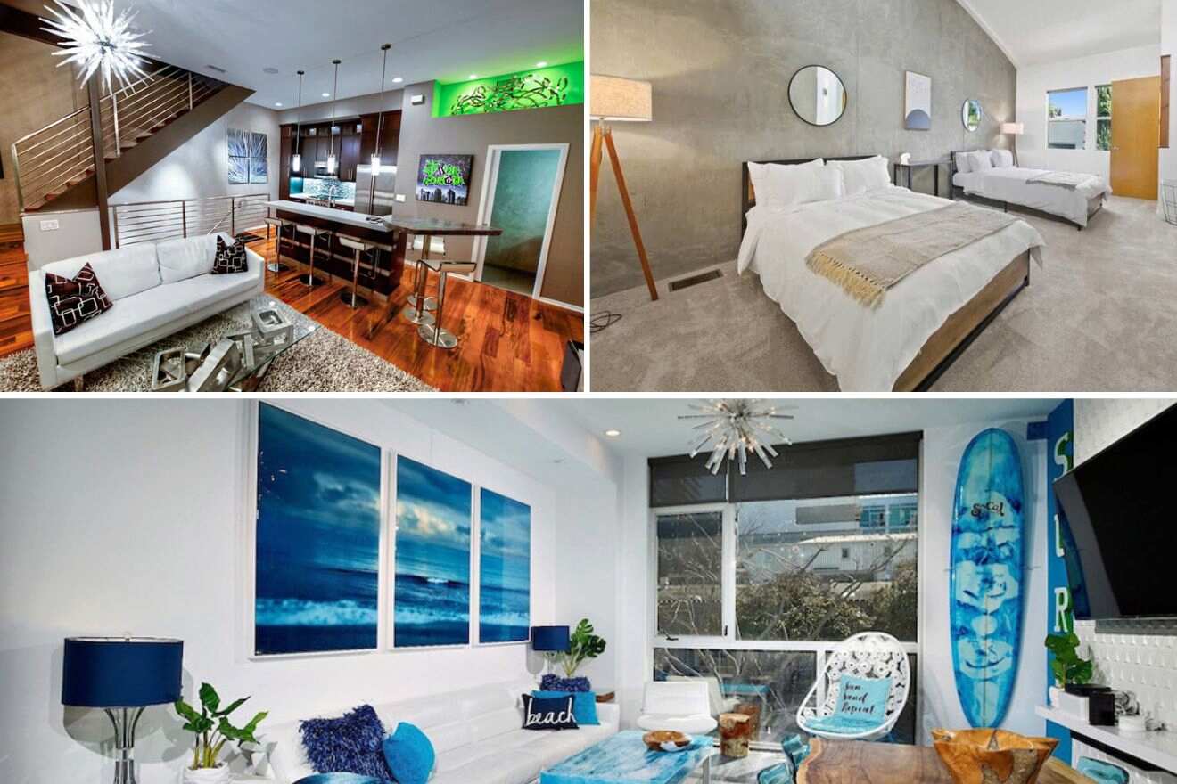 collage with living space, bedroom and lounge area
