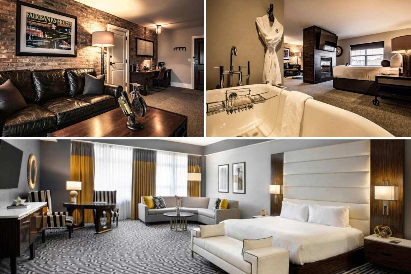 collage with bedroom, living area and jacuzzi in room