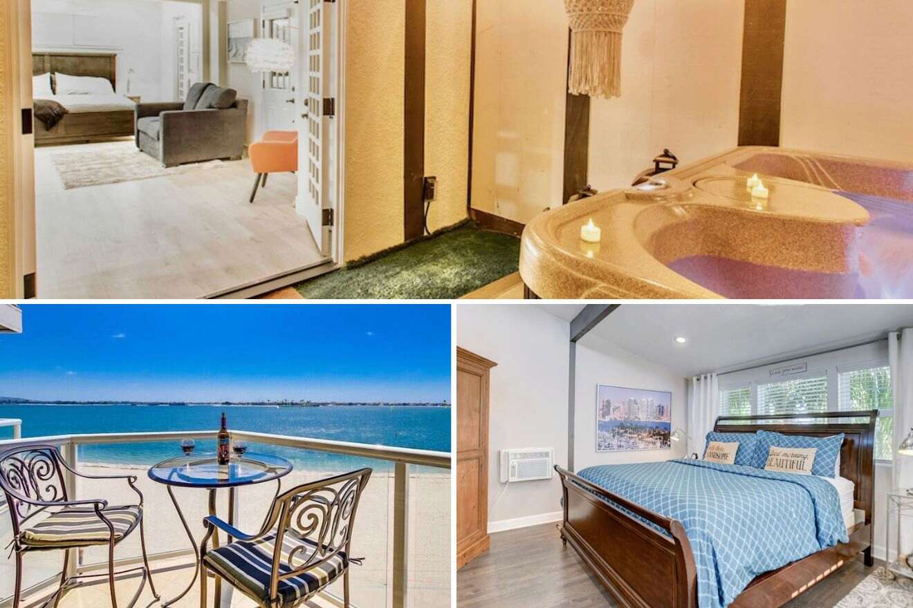 collage with bedroom, jacuzzi in room and view from the terrace over the beach