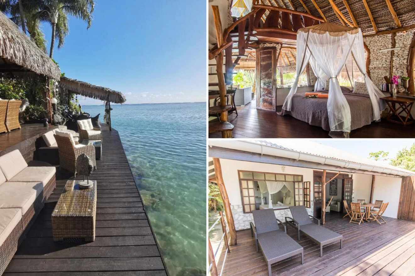 collage with overwater bungalows and outdoor terrace, bedroom