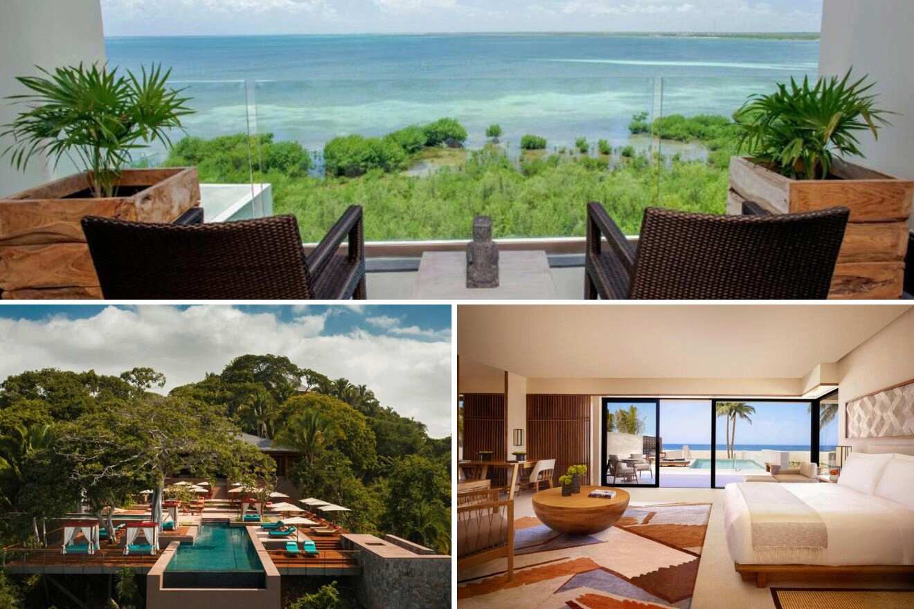 collage with bedroom, hotel aerial view and terrace view over the ocean